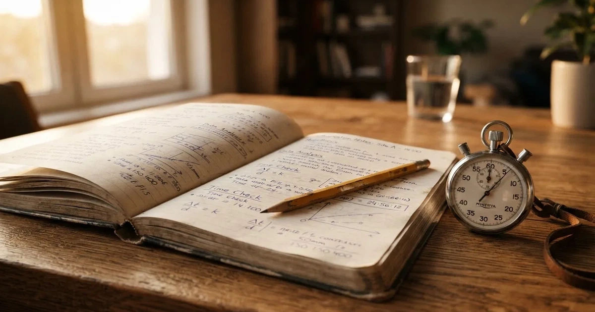 Un cuaderno abierto con un lápiz y un cronómetro sobre una mesa de madera