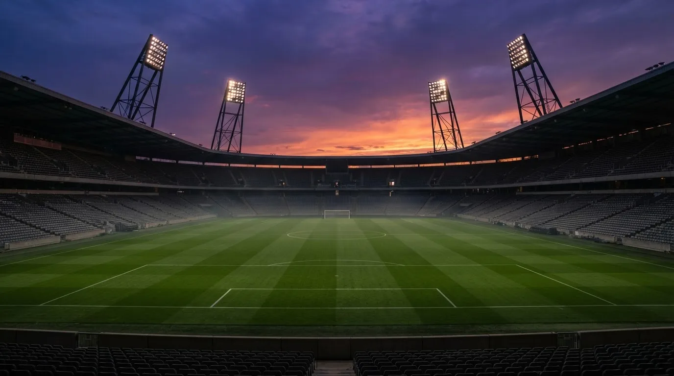 Un estadio de fútbol vacío con torres de iluminación al atardecer