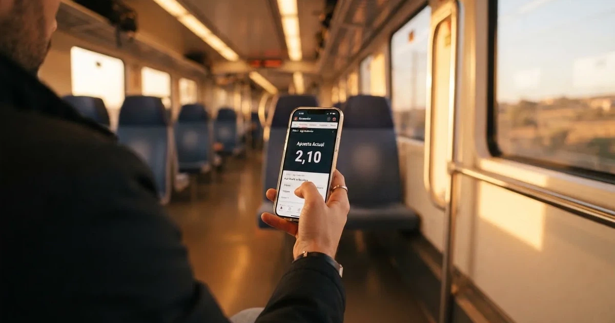 Una mano sostiene un móvil en el tren por la tarde, con la pantalla girada