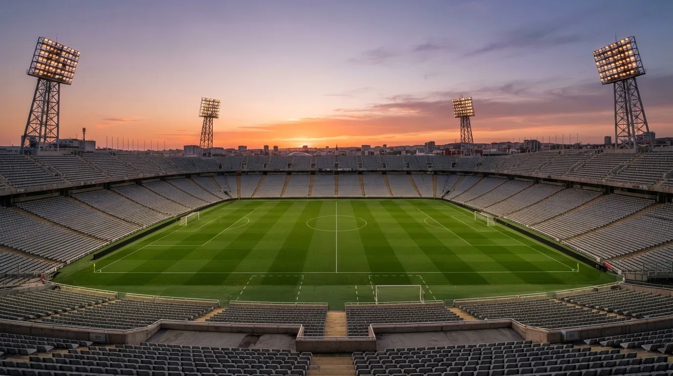 Un estadio de fútbol vacío con torres de iluminación al atardecer