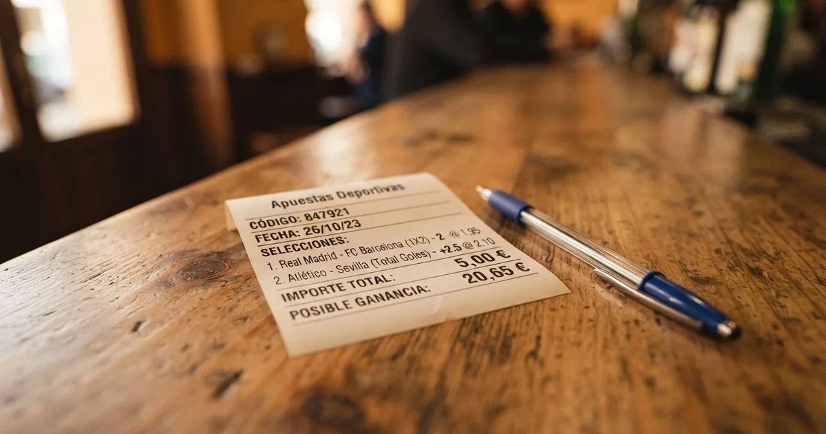 Un boleto de papel en blanco junto a un bolígrafo sobre un mostrador de madera