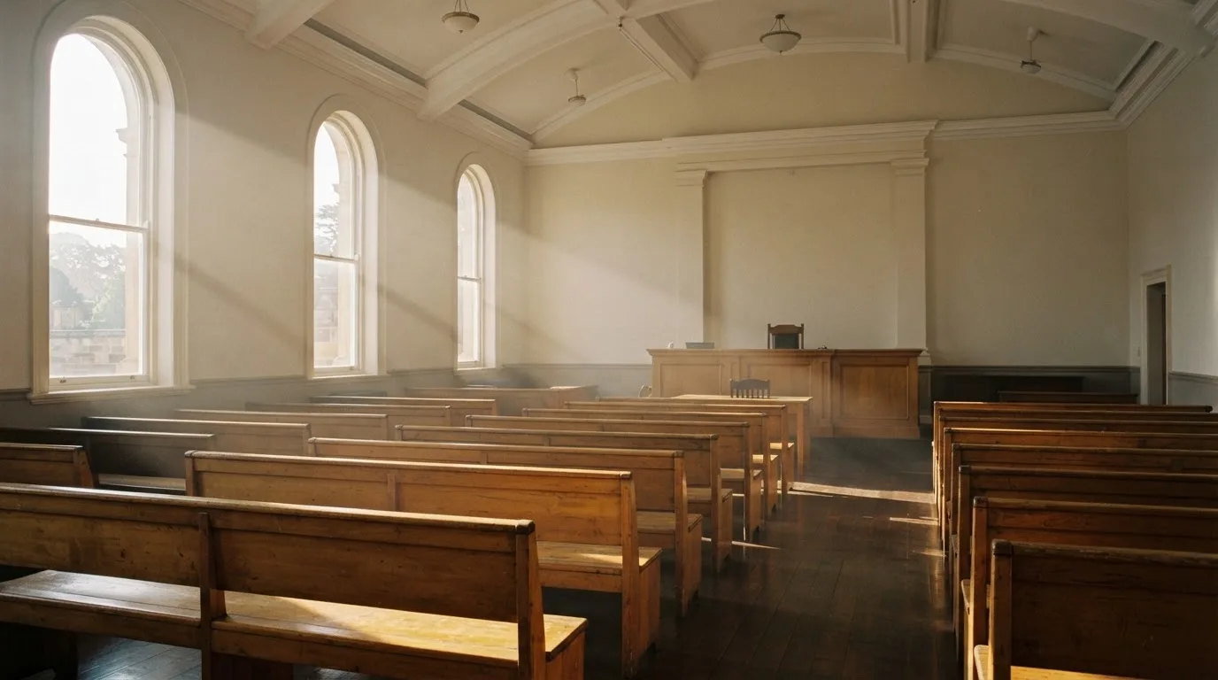 Una sala de tribunal vacía con bancos de madera a la luz de la mañana