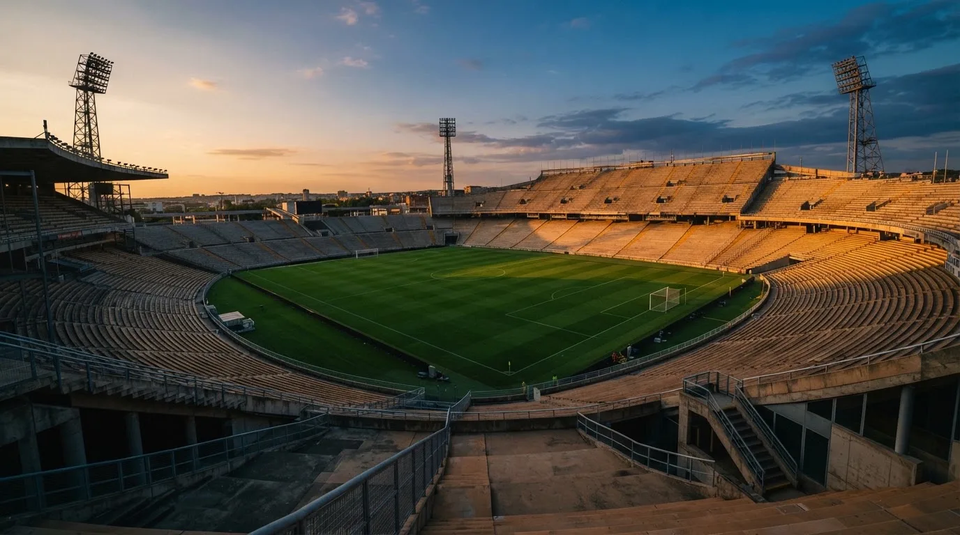 Un estadio de fútbol vacío con torres de iluminación al atardecer