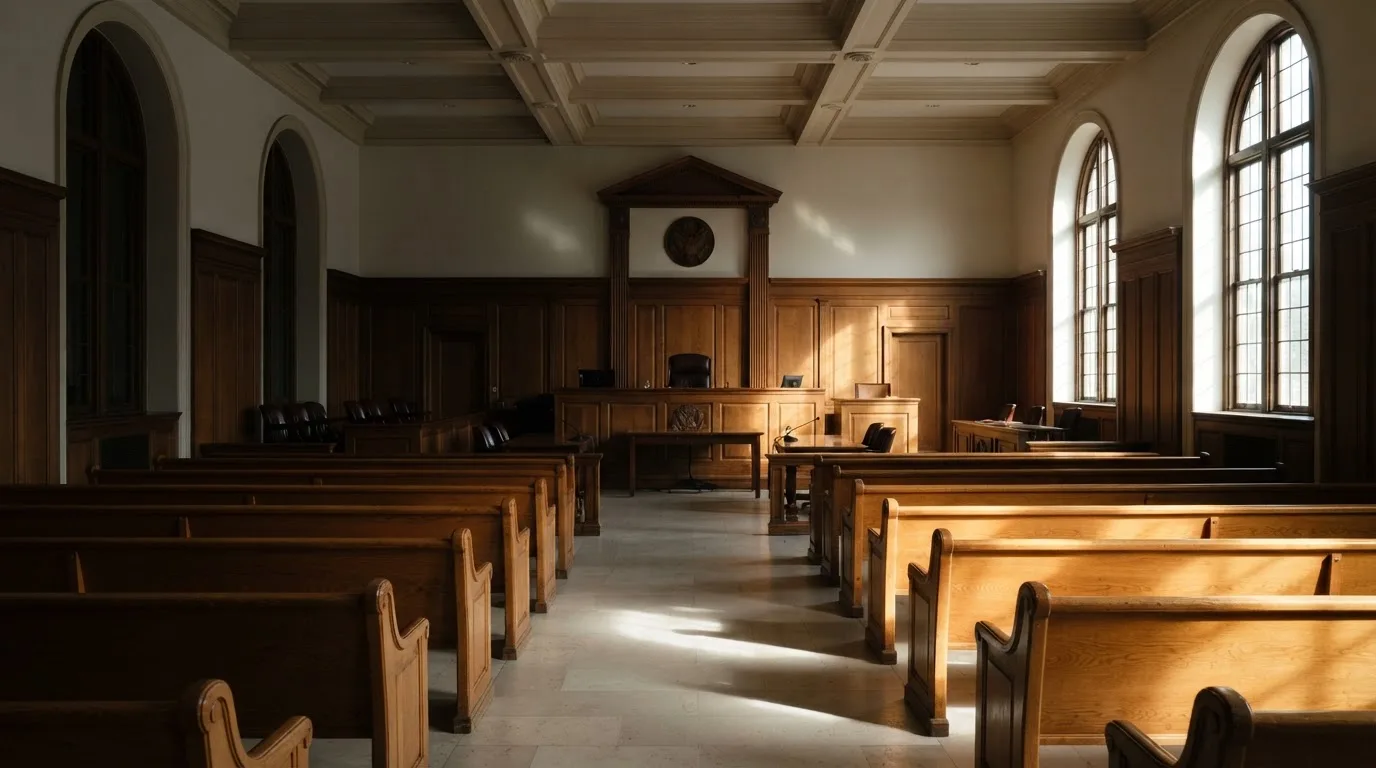 Una sala de tribunal vacía con bancos de madera a la luz de la mañana