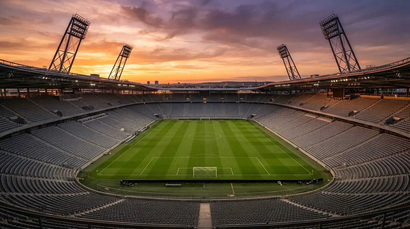 Un estadio de fútbol vacío con torres de iluminación al atardecer