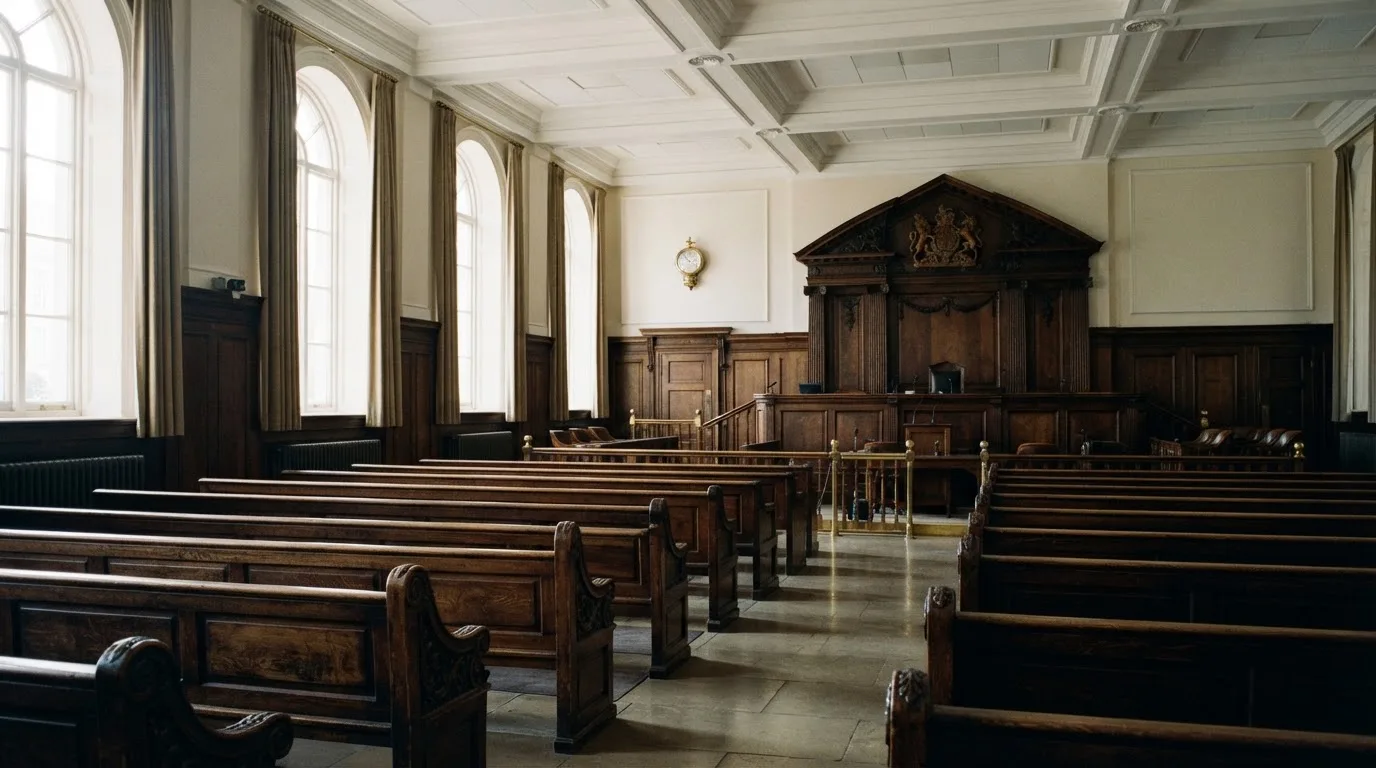 Una sala de tribunal vacía con bancos de madera a la luz de la mañana