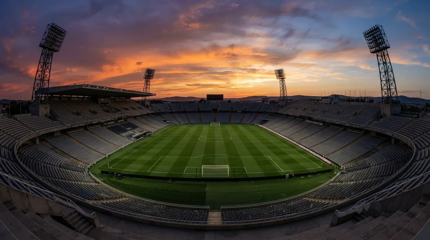 Un estadio de fútbol vacío con torres de iluminación al atardecer