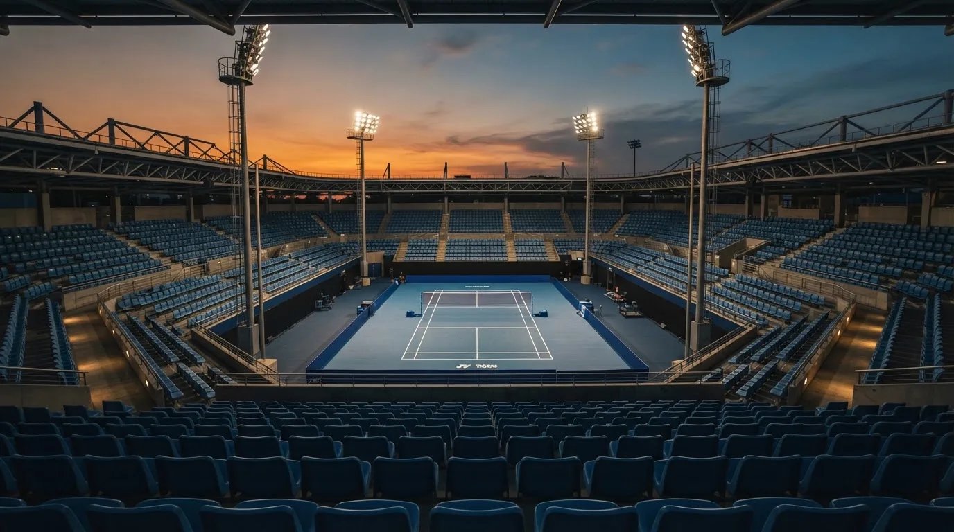 Un estadio de fútbol vacío con torres de iluminación al atardecer