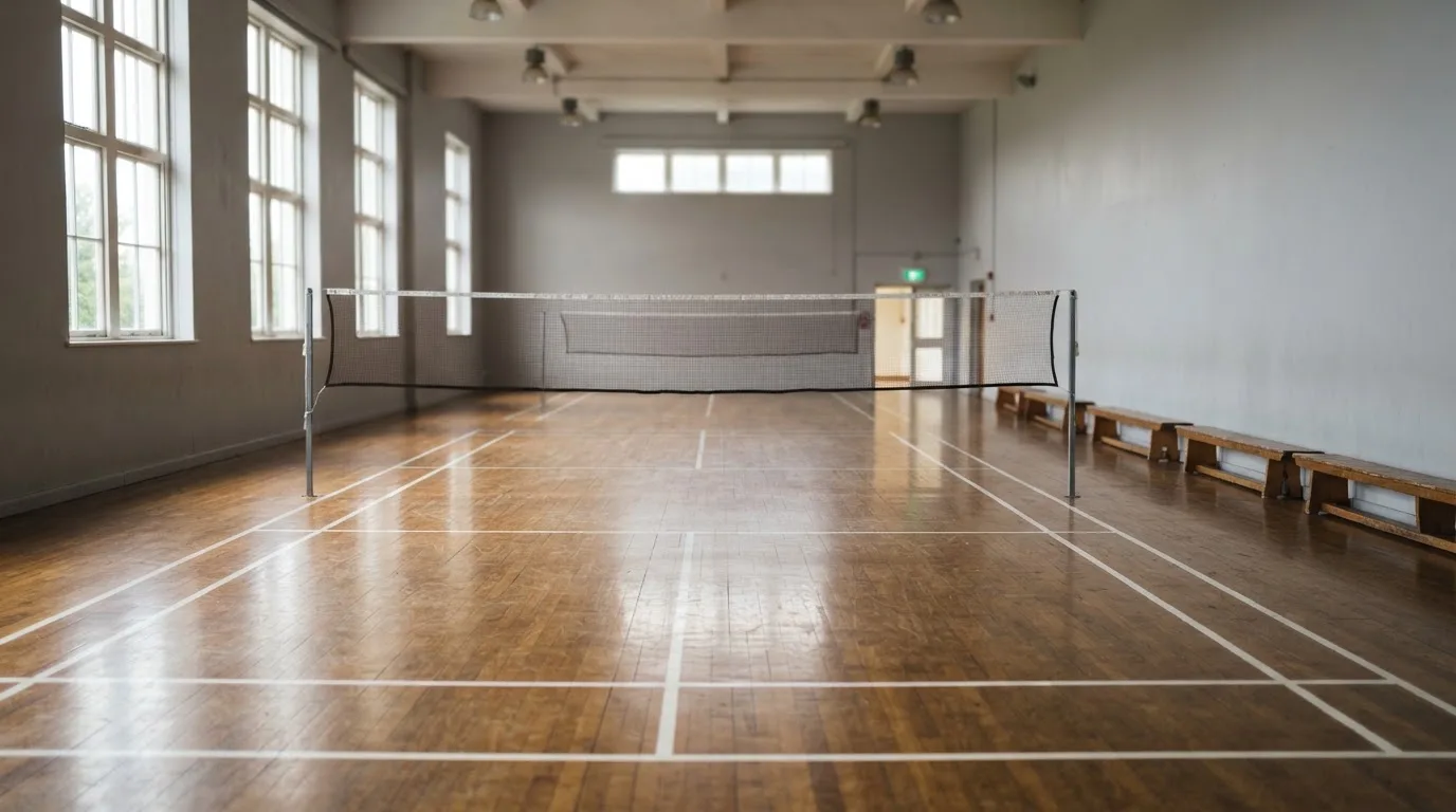 Una sala de tribunal vacía con bancos de madera a la luz de la mañana