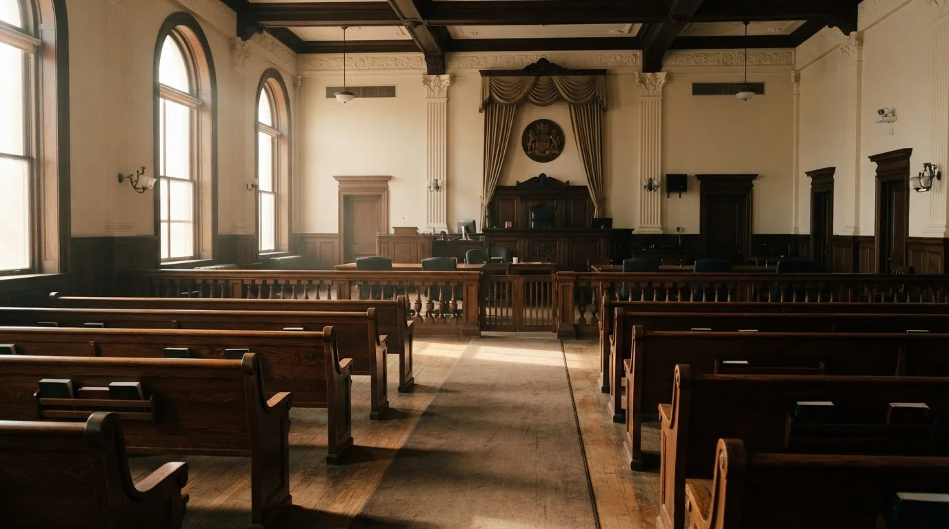 Una sala de tribunal vacía con bancos de madera a la luz de la mañana