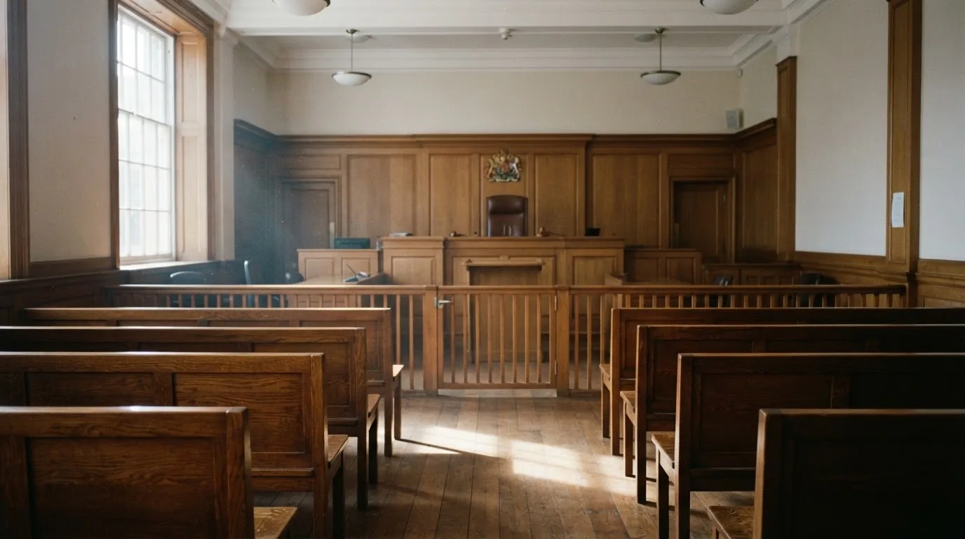 Una sala de tribunal vacía con bancos de madera a la luz de la mañana