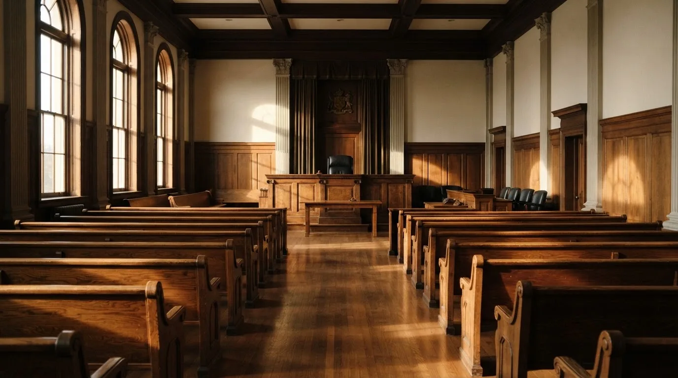 Una sala de tribunal vacía con bancos de madera a la luz de la mañana