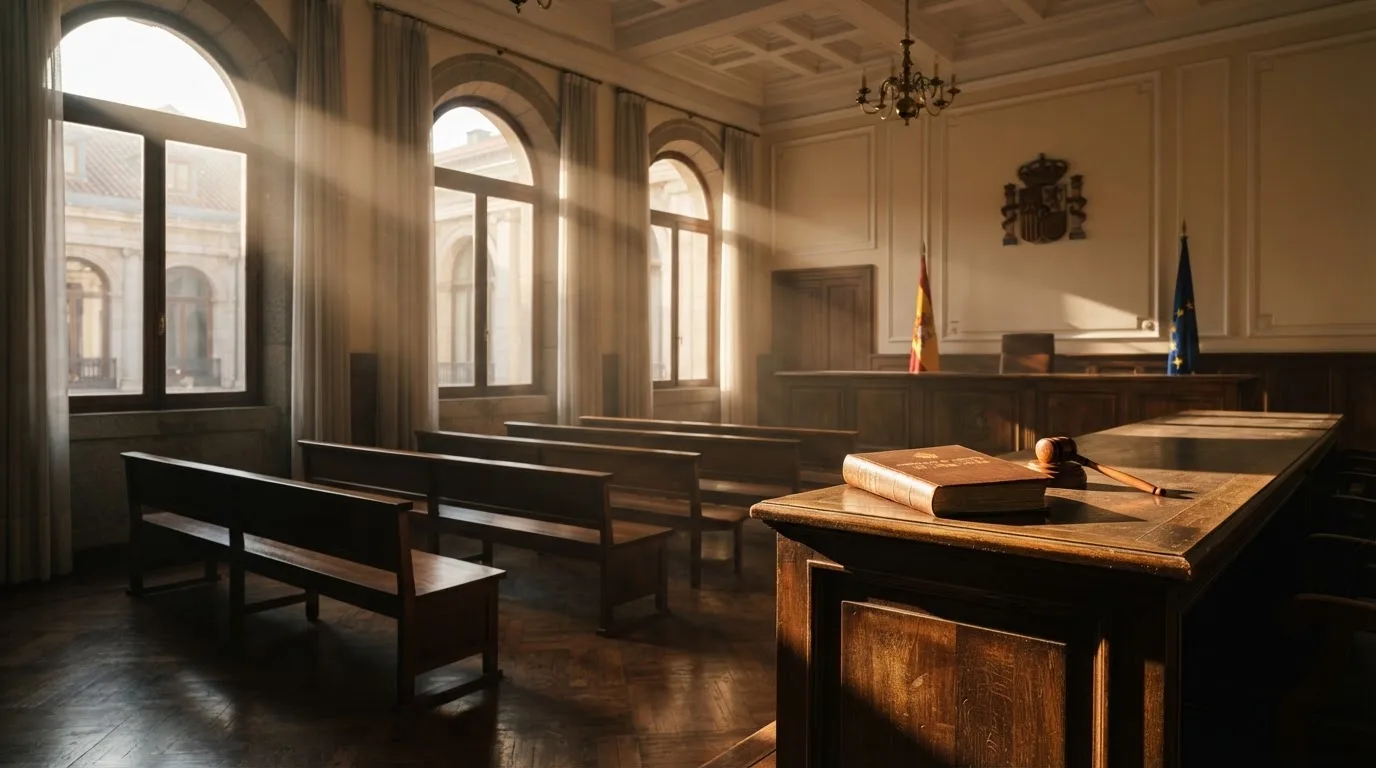 Una sala de tribunal vacía con bancos de madera a la luz de la mañana