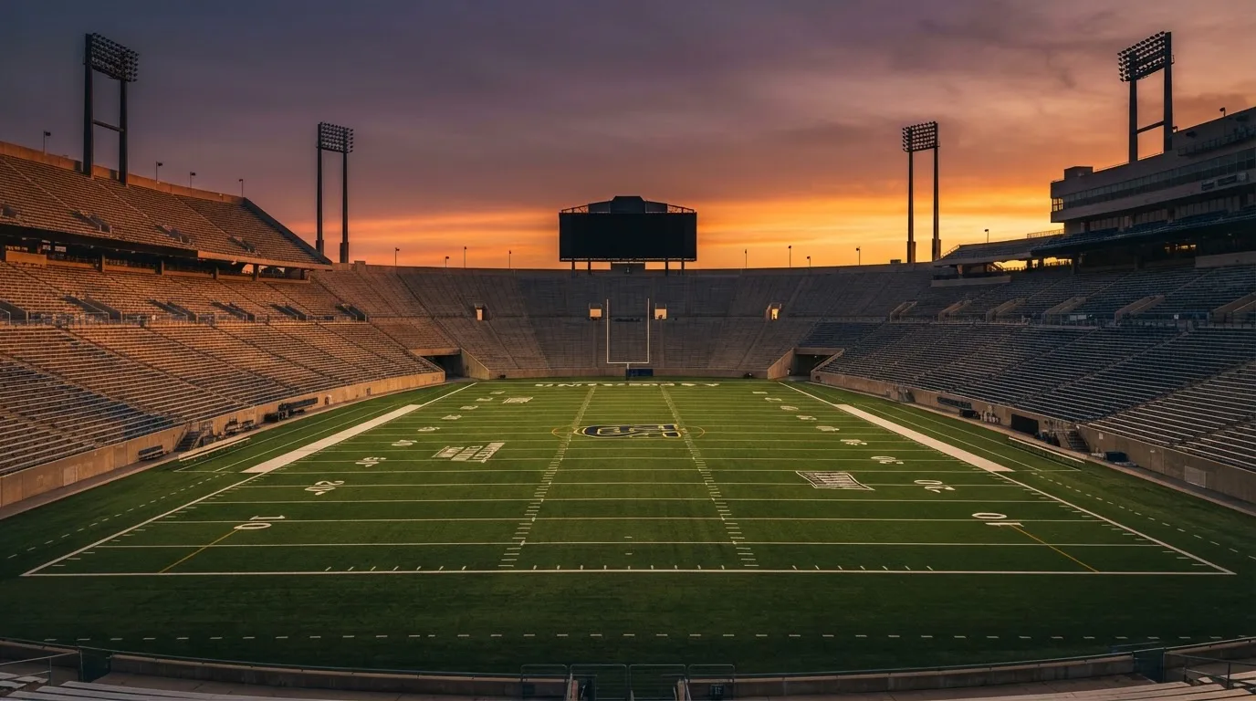 Un estadio de fútbol vacío con torres de iluminación al atardecer