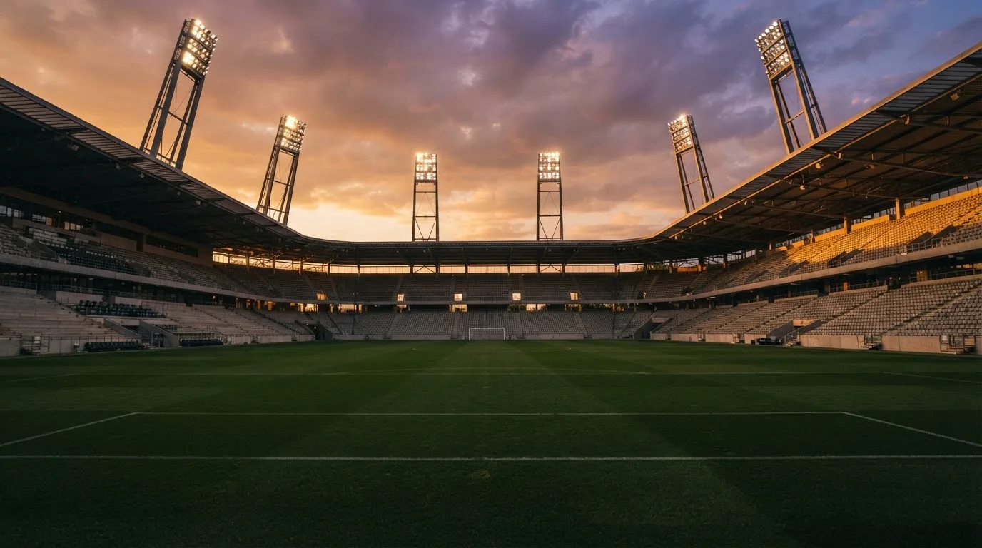 Un estadio de fútbol vacío con torres de iluminación al atardecer