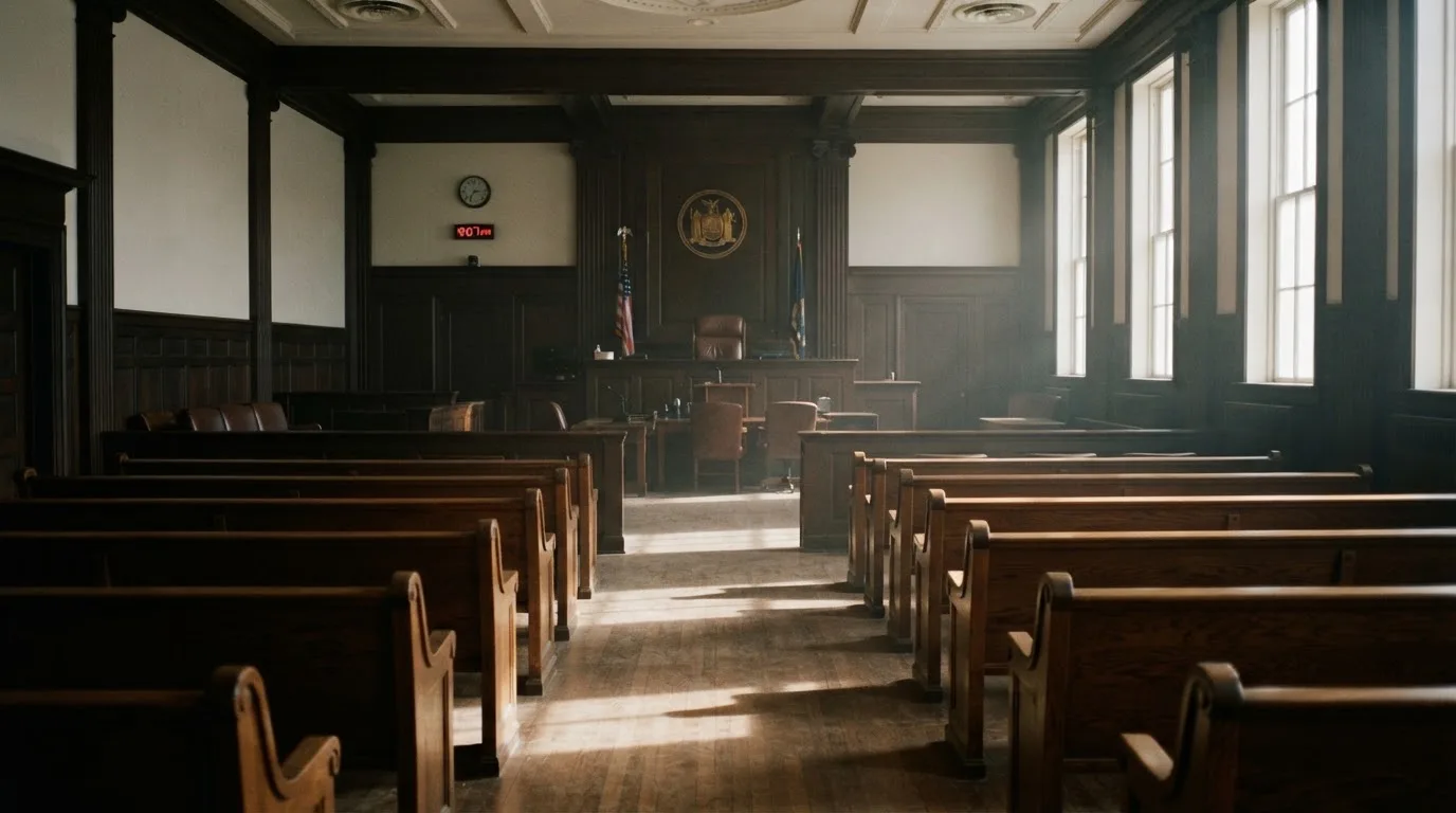Una sala de tribunal vacía con bancos de madera a la luz de la mañana