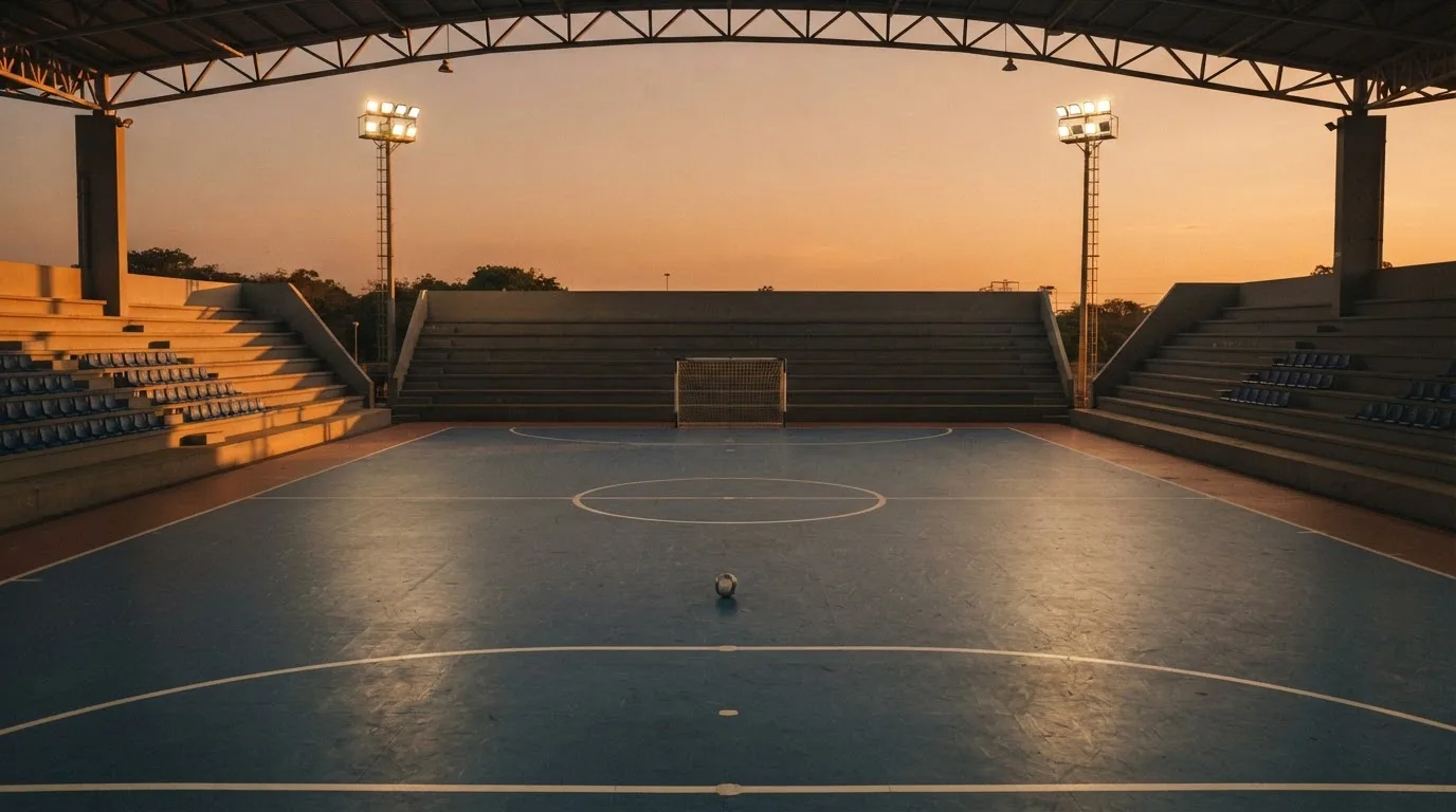 Un estadio de fútbol vacío con torres de iluminación al atardecer