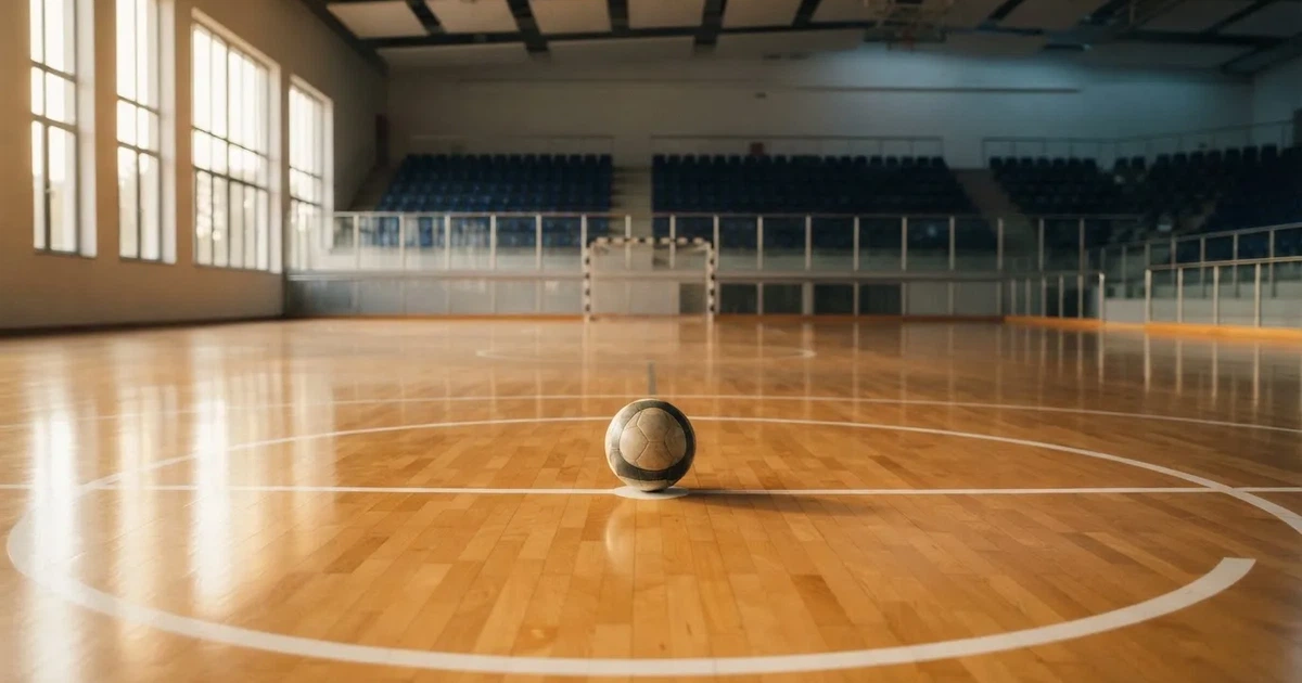 Un balón en el punto central de un campo de césped a la luz de la mañana