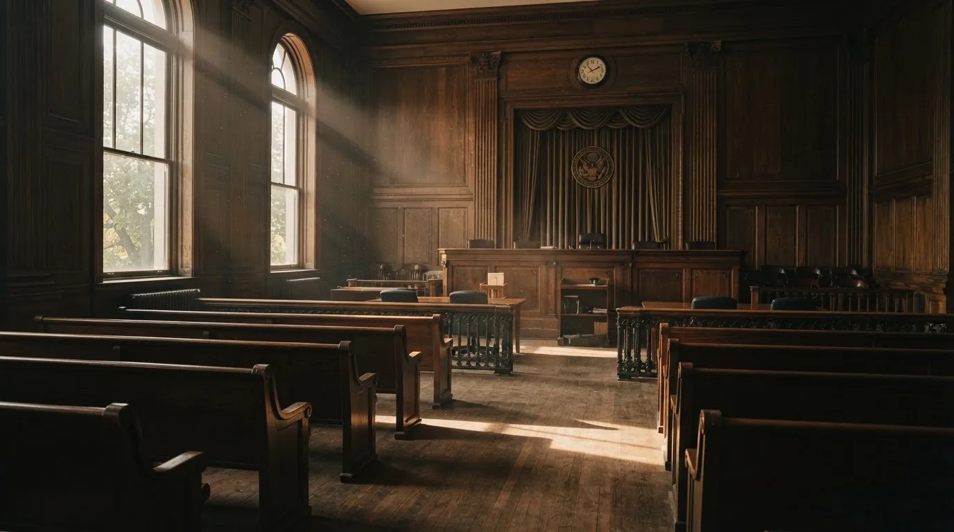 Una sala de tribunal vacía con bancos de madera a la luz de la mañana