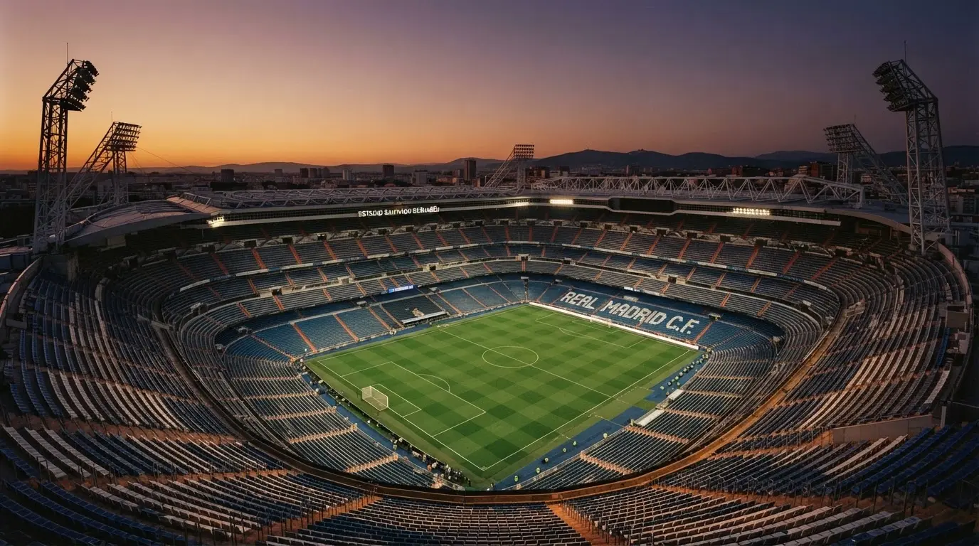 Un estadio de fútbol vacío con torres de iluminación al atardecer