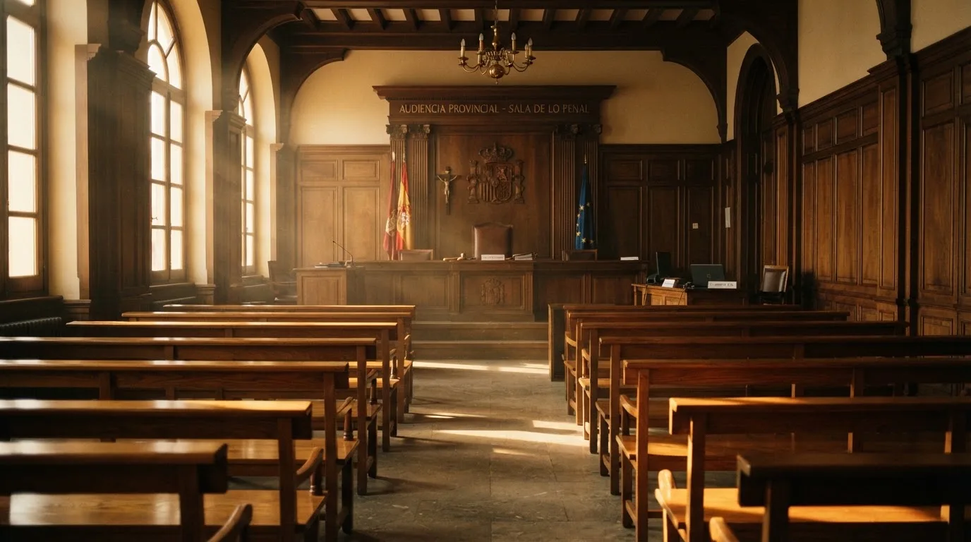 Una sala de tribunal vacía con bancos de madera a la luz de la mañana