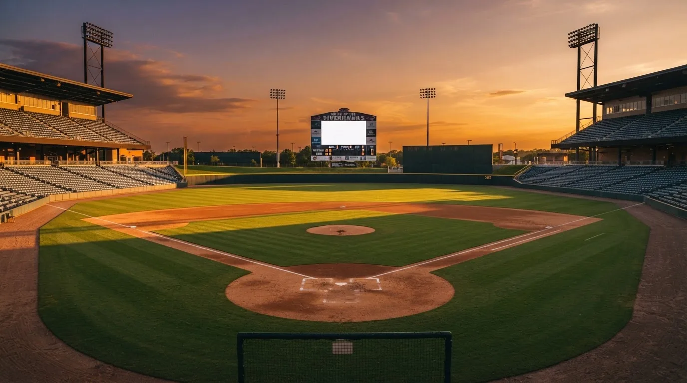 Un estadio de fútbol vacío con torres de iluminación al atardecer