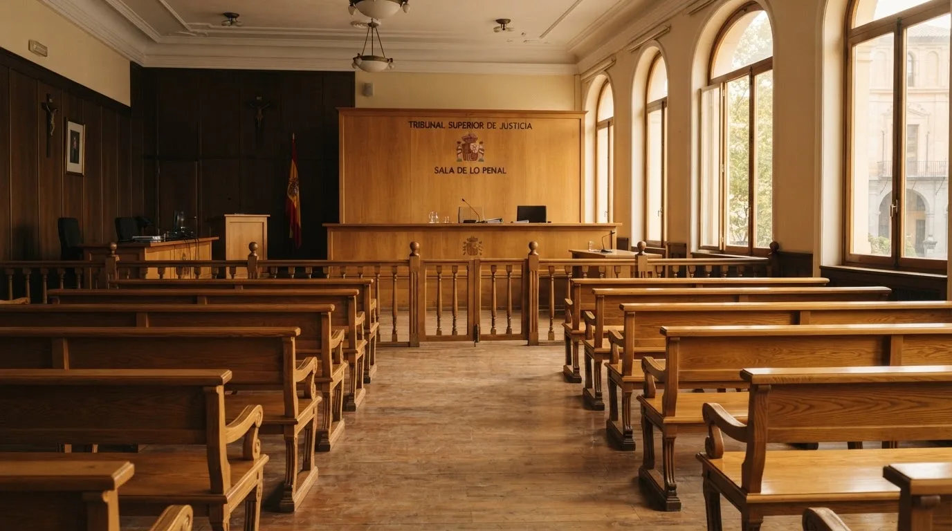 Una sala de tribunal vacía con bancos de madera a la luz de la mañana