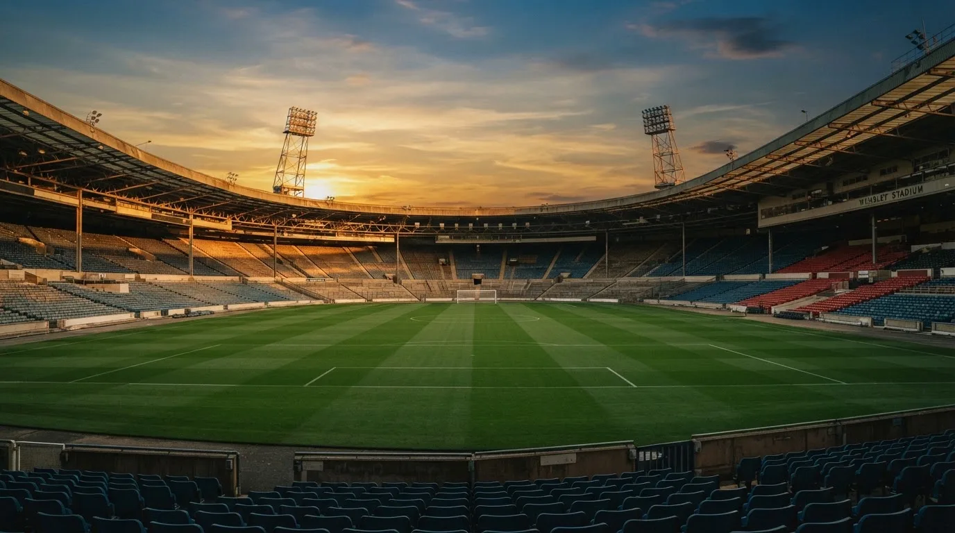 Un estadio de fútbol vacío con torres de iluminación al atardecer