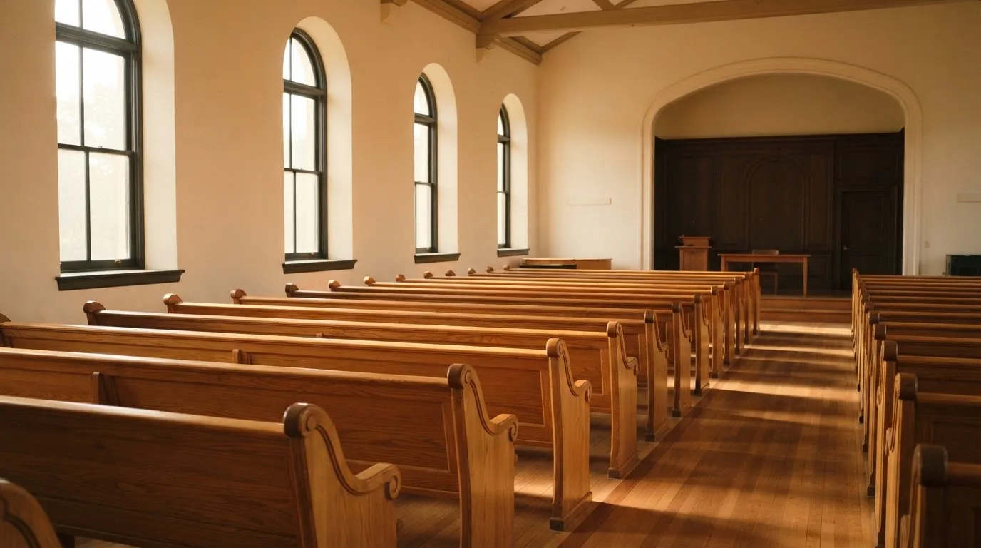 Una sala de tribunal vacía con bancos de madera a la luz de la mañana