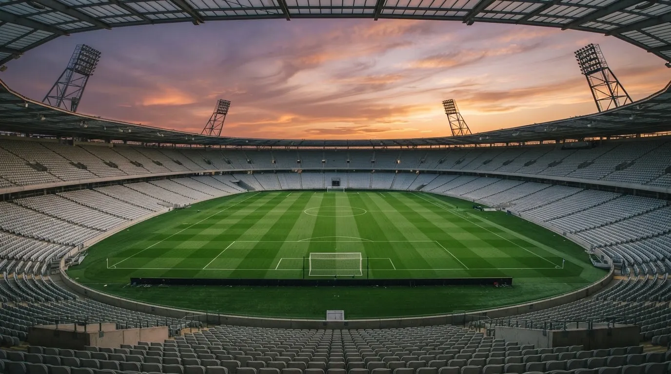 Un estadio de fútbol vacío con torres de iluminación al atardecer