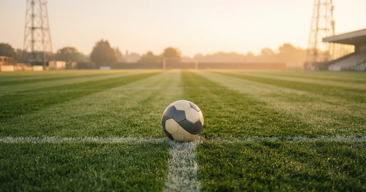Un balón en el punto central de un campo de césped a la luz de la mañana