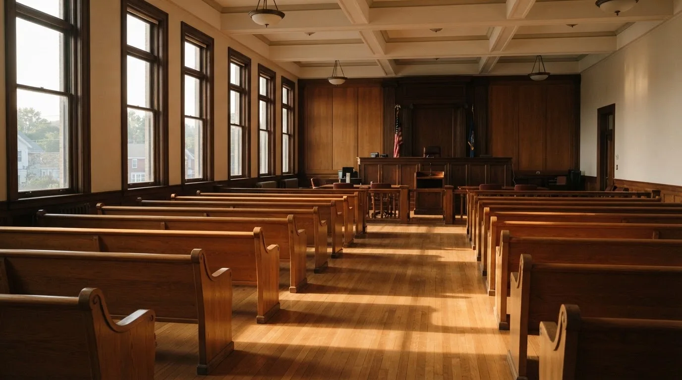 Una sala de tribunal vacía con bancos de madera a la luz de la mañana