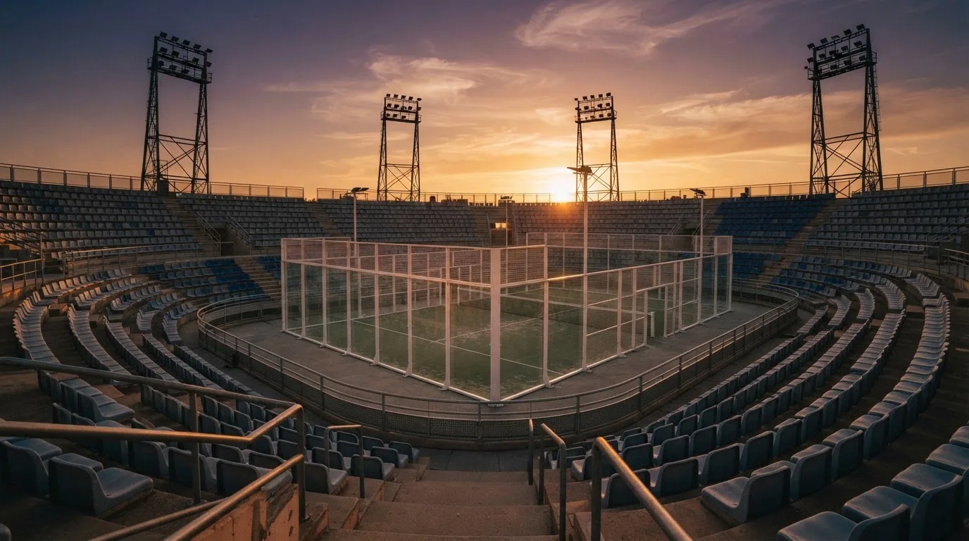 Un estadio de fútbol vacío con torres de iluminación al atardecer