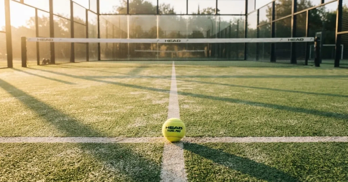 Un balón en el punto central de un campo de césped a la luz de la mañana