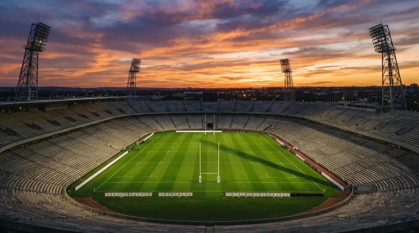Un estadio de fútbol vacío con torres de iluminación al atardecer