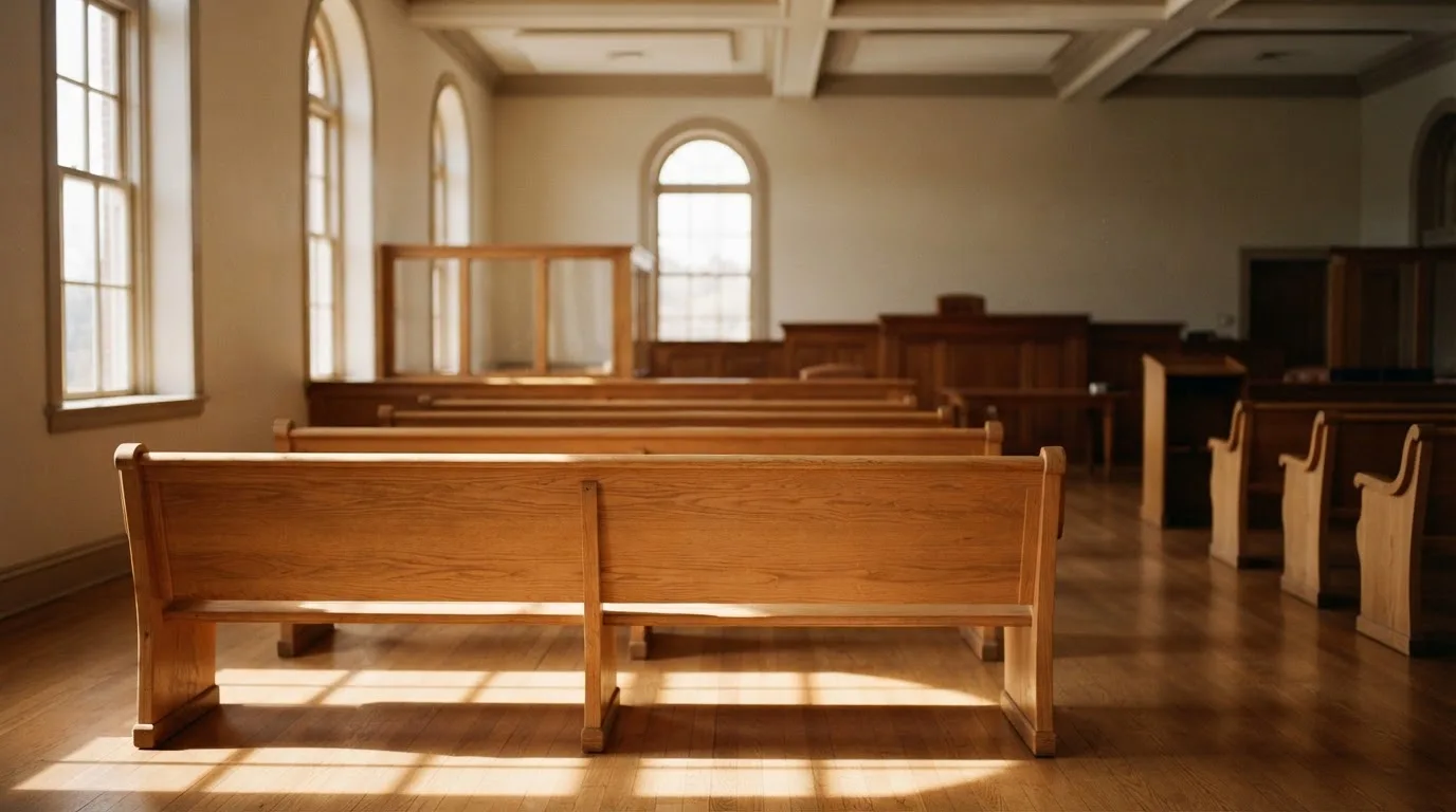 Una sala de tribunal vacía con bancos de madera a la luz de la mañana