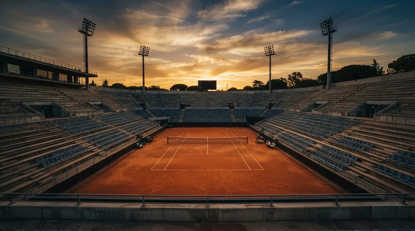 Un estadio de fútbol vacío con torres de iluminación al atardecer