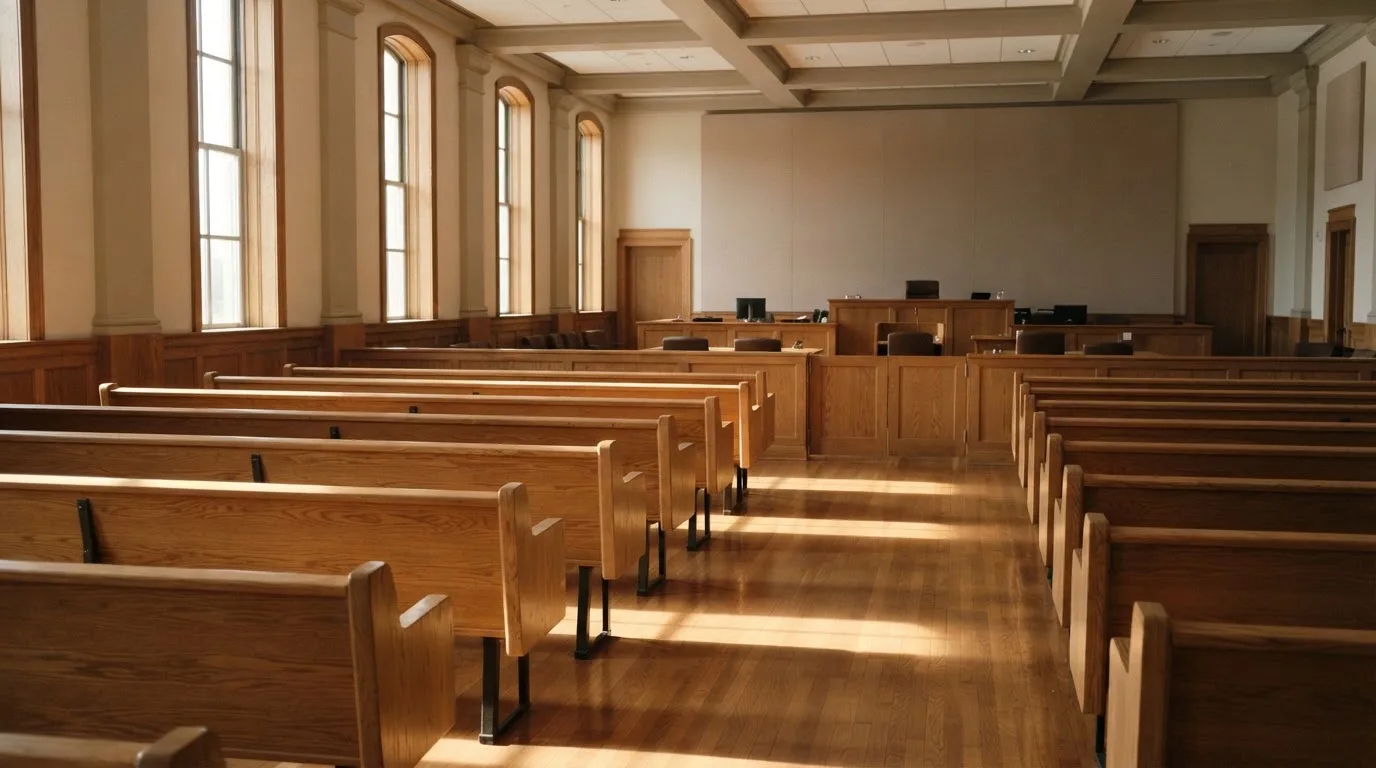 Una sala de tribunal vacía con bancos de madera a la luz de la mañana