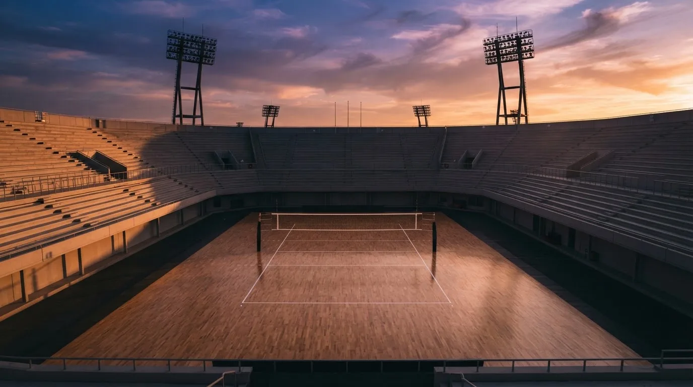 Un estadio de fútbol vacío con torres de iluminación al atardecer