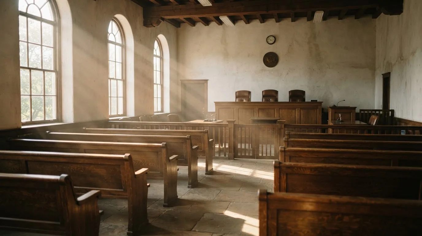 Una sala de tribunal vacía con bancos de madera a la luz de la mañana