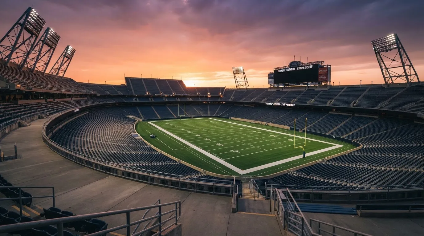 Un estadio de fútbol vacío con torres de iluminación al atardecer