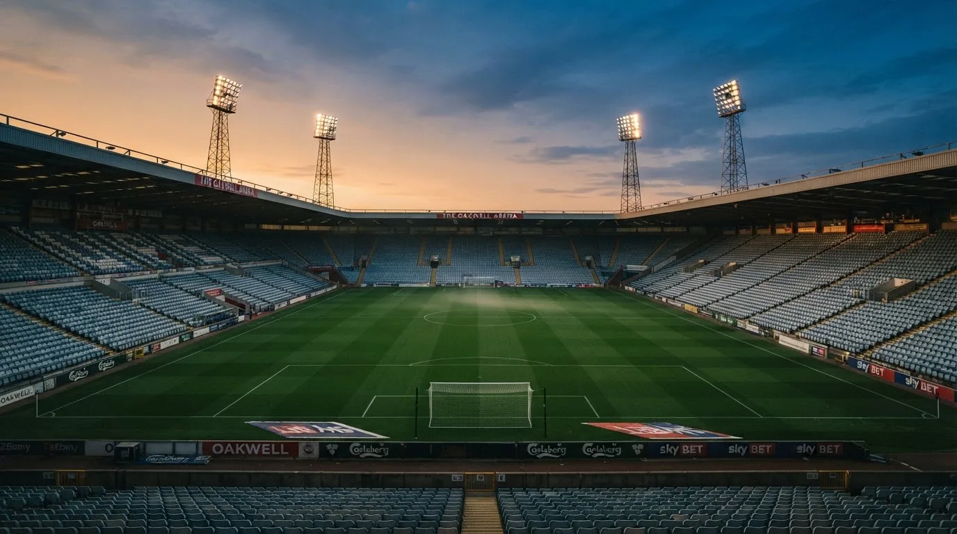 Un estadio de fútbol vacío con torres de iluminación al atardecer