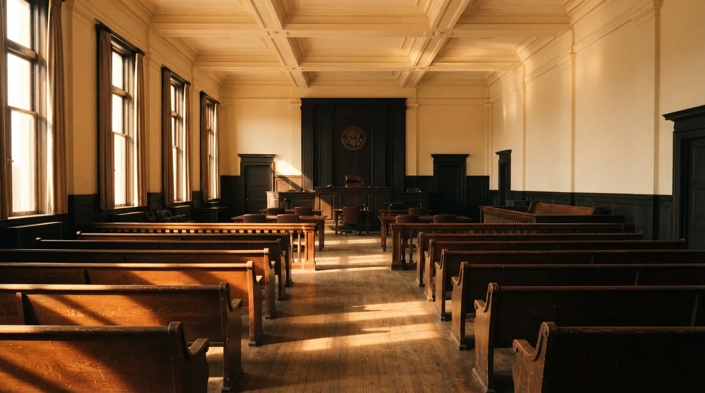 Una sala de tribunal vacía con bancos de madera a la luz de la mañana