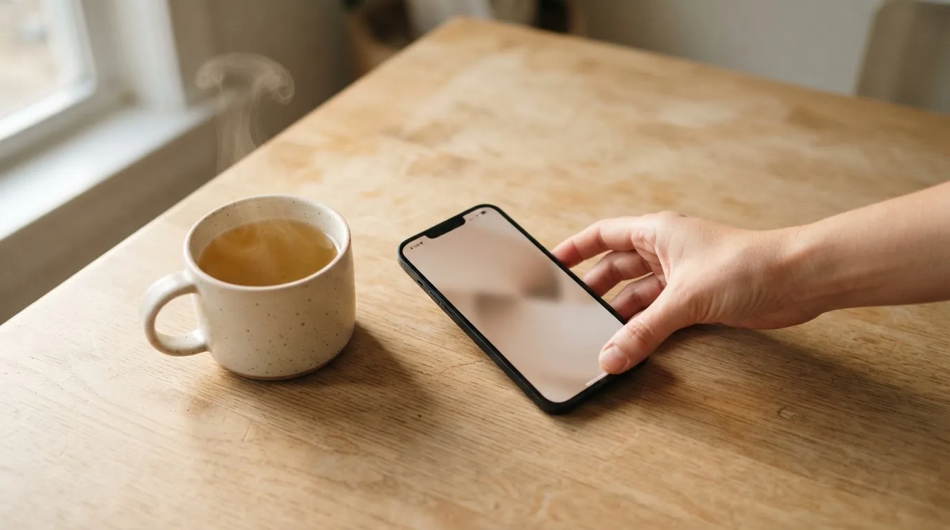 Una mano deja un móvil junto a una taza de té sobre la mesa de la cocina, una tarde tranquila