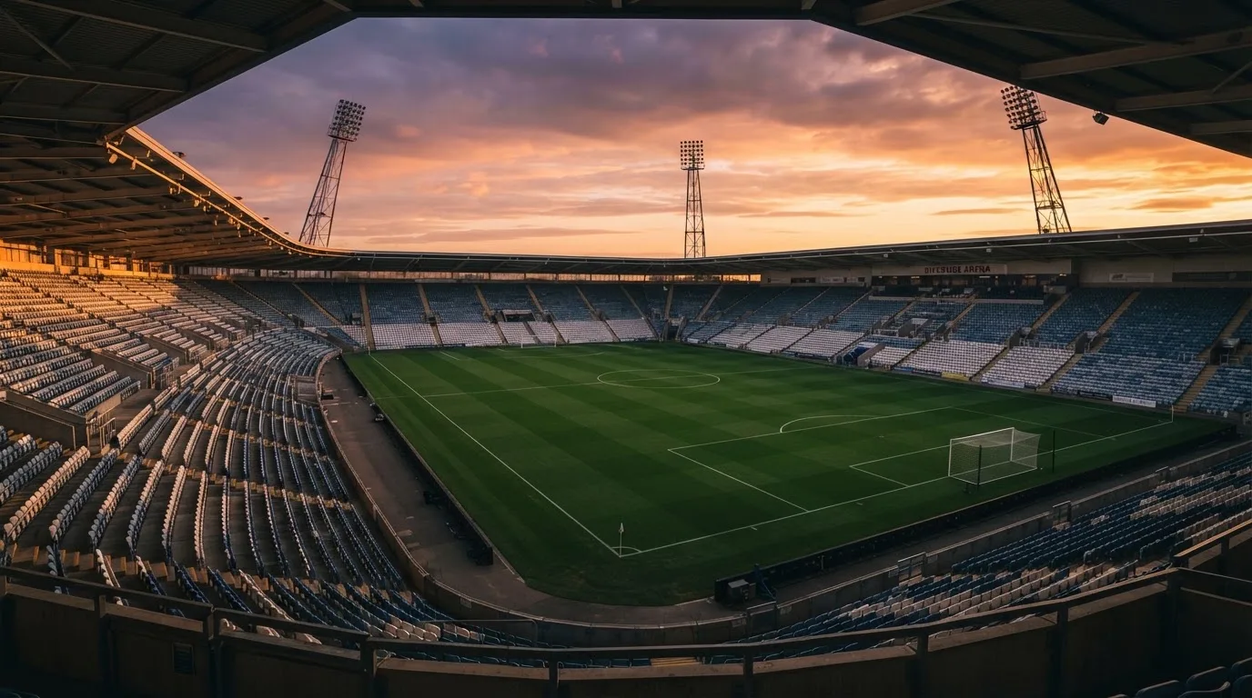 Un estadio de fútbol vacío con torres de iluminación al atardecer