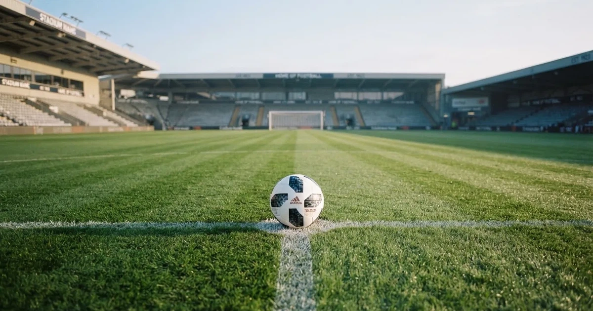 Un balón en el punto central de un campo de césped a la luz de la mañana