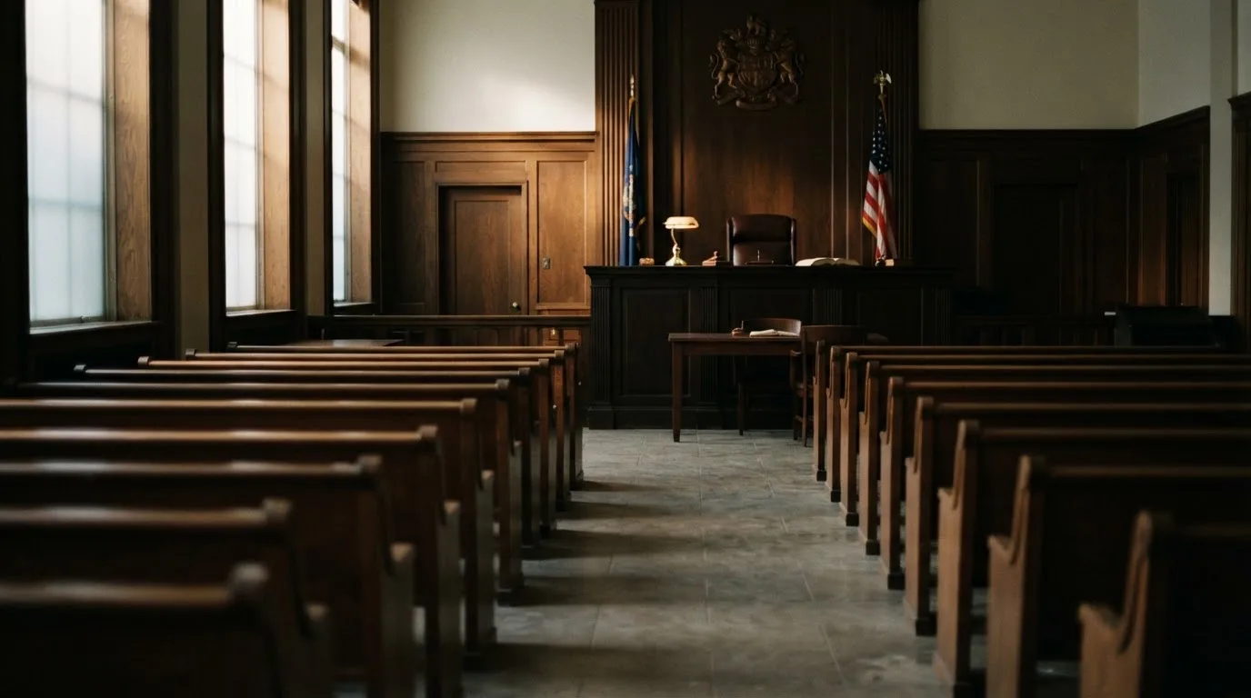 Una sala de tribunal vacía con bancos de madera a la luz de la mañana