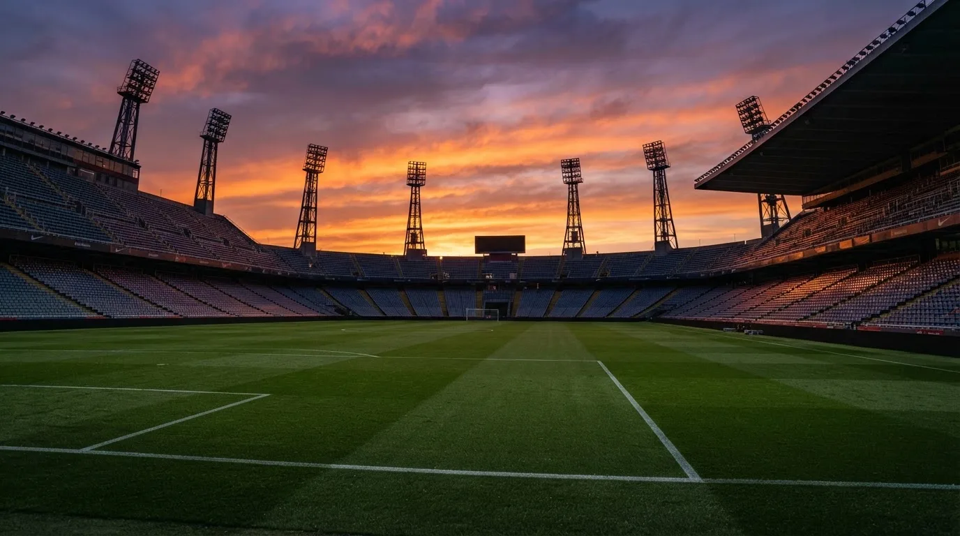 Un estadio de fútbol vacío con torres de iluminación al atardecer