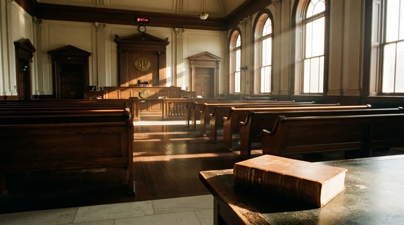 Una sala de tribunal vacía con bancos de madera a la luz de la mañana