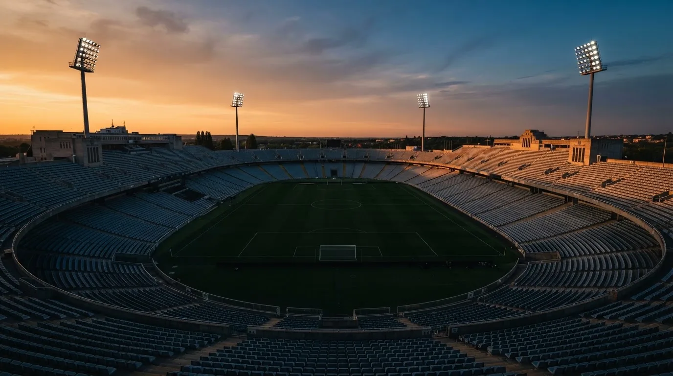 Un estadio de fútbol vacío con torres de iluminación al atardecer